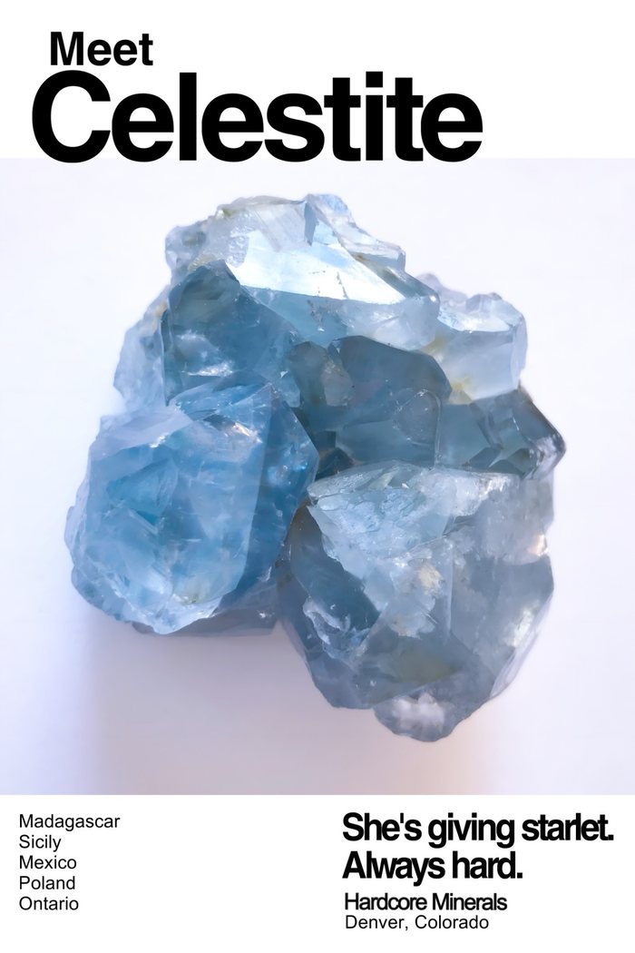 geoslut poster: Meet Celestite. Pale sky blue celestite cluster with blocky, glassy crystals