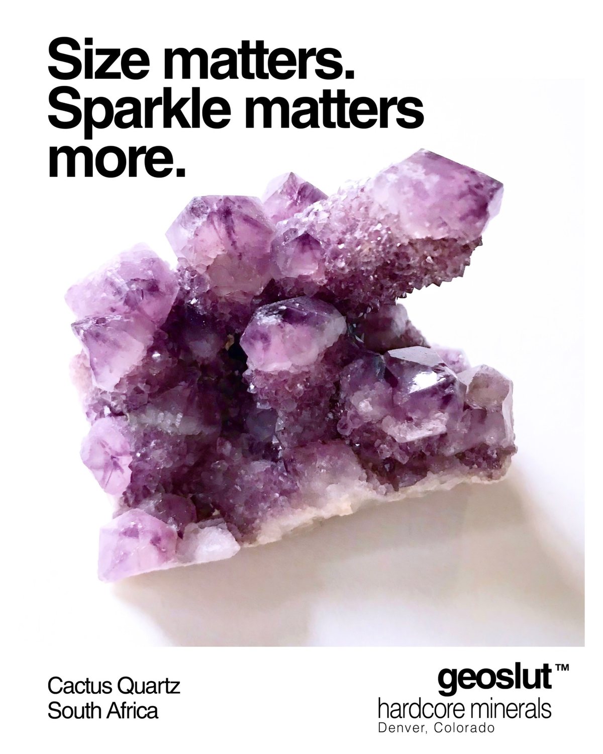 geoslut poster: Size matters. Sparkle matters more. Cactus quartz cluster from South Africa, amethyst points coated in tiny drusy crystals